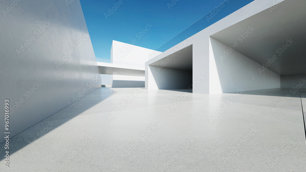 Poster 3d render of abstract modern architecture with empty concrete floor, minimal white exterior, car pre