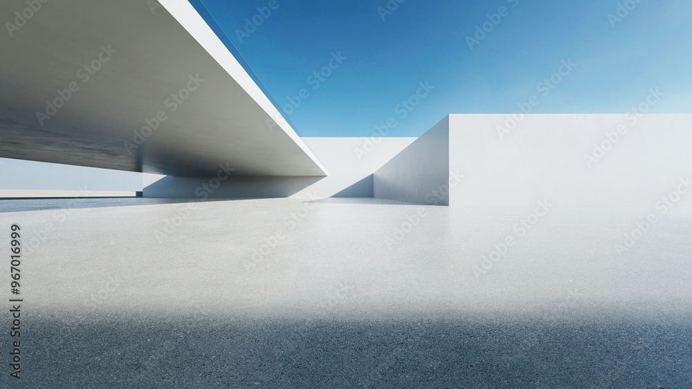 Poster 3d render of abstract modern architecture with empty concrete floor, minimal white exterior, car pre