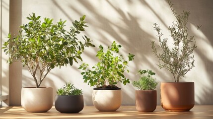 Fototapeta premium Five potted plants with varying foliage and textures arranged on a wooden surface