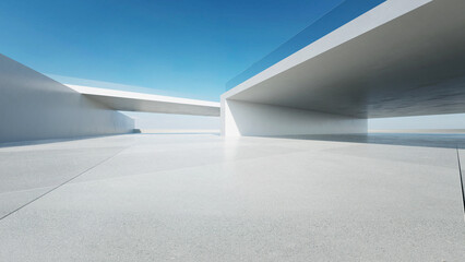 3d render of abstract modern architecture with empty concrete floor, minimal white exterior, car presentation background