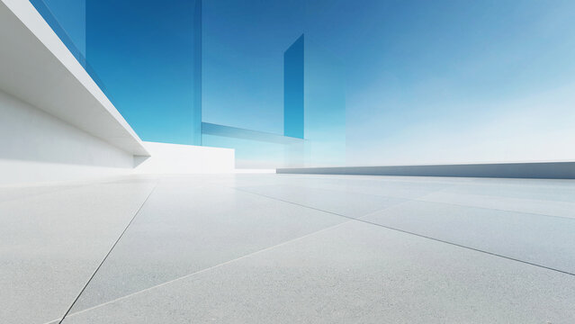 3d render of abstract modern architecture with empty concrete floor, minimal white exterior, car presentation background