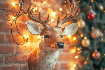 A deer head is on a table in front of a background of lights