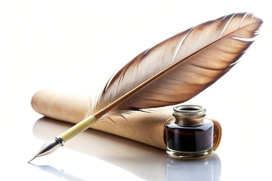 Traditional quill pen and blank scroll for writing on white background