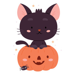 A cute little black cat is sitting in a pumpkin.Happy Halloween concept. Funny, quirky clipart with character for sticker, invitation, banner.