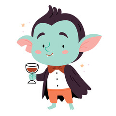 Cute little Count Dracula with a glass.Happy Halloween concept. Funny, quirky clipart with character for sticker, invitation, banner.