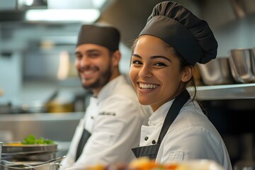 Chefs cooking together in busy restaurant kitchen