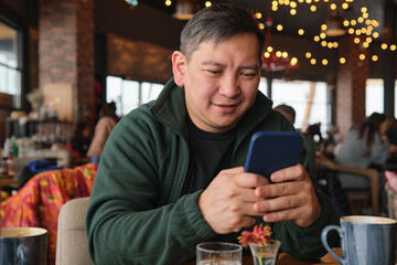 Asian man in a restaurant in a ski resort with a mobile phone