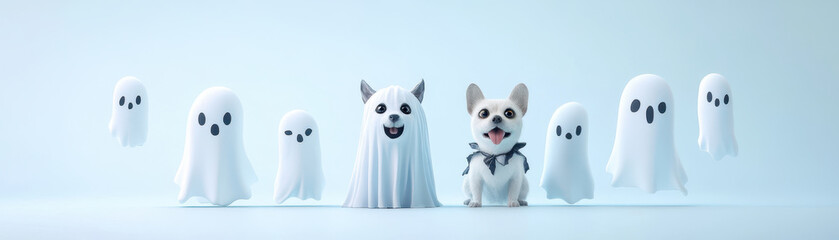 Obraz premium Cute pets in ghost costumes surrounded by floating ghost decorations create playful and whimsical Halloween scene. joyful expressions of pets add to festive atmosphere