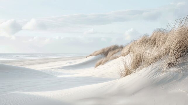 Elegant seaside landscape with rolling dunes and serene beige and white sand for contemplation