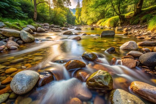 Tranquil babbling brook with smooth stones