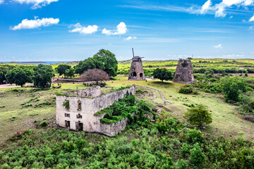 Old sugar plantation with ruins of farm and mills