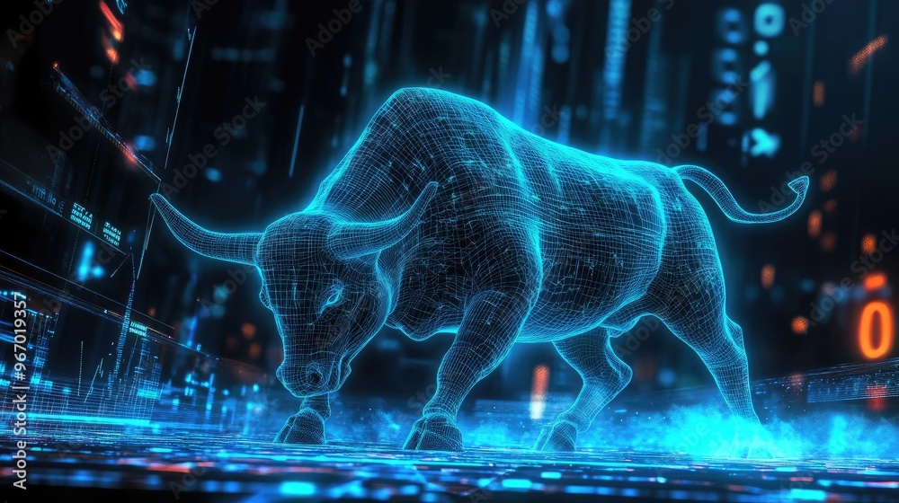 Poster A digital bull stands amidst a futuristic landscape of data, illuminated by glowing numbers and geometric patterns.