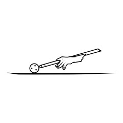 hand holding a stick poking a black and white billiard ball vector line art