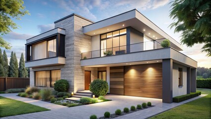 Clean lines and geometric shapes define the exterior of this modern single-family home, showcased in a neutral color