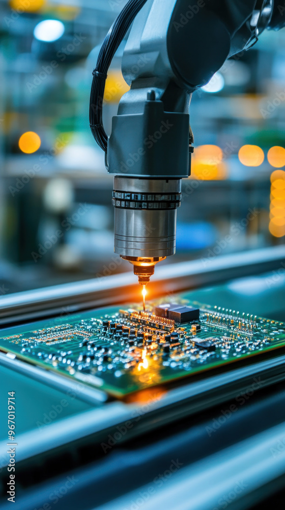 Poster a robot is working on a circuit board, with a bright orange light coming from the machine. concept o