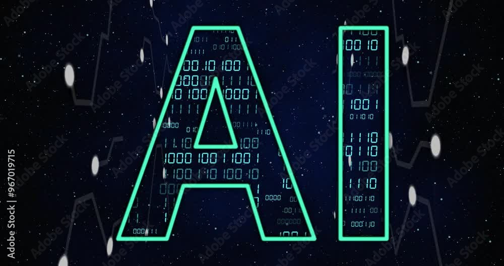 Poster animation of digital data processing binary coding and connections with ai text