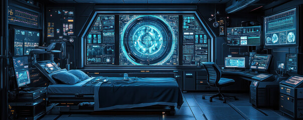 Fototapeta premium A futuristic bedroom with a large monitor on the wall. The room is filled with technology and has a futuristic feel to it