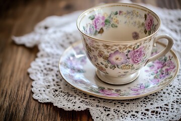 Vintage floral teacup on lace doily and wood.