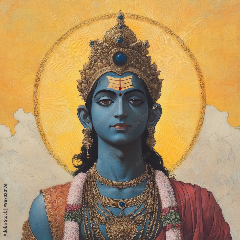 Sticker A detailed portrait of Vishnu, a Hindu god, depicted with a blue complexion, a golden crown, and a garland of flowers.