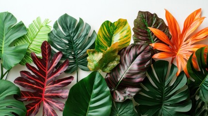 Naklejka premium Colorful Tropical Leaves Arranged on a White Background