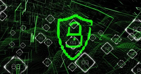 Animation of digital data processing and 6g text with padlock icon