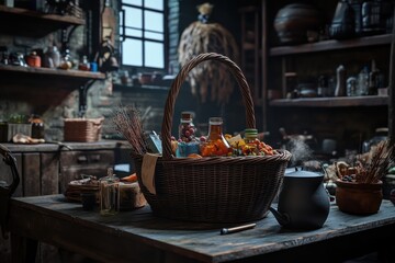 Fototapeta premium A basket full of candy is on a table with other items