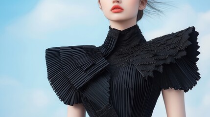 A futuristic fashion model wearing clothing made with advanced materials and innovative designs.