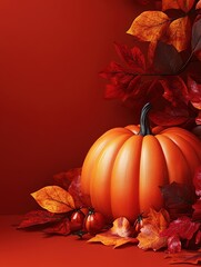 Autumn-themed pumpkin and colorful leaves on a red background, capturing the essence of fall decoration with vibrant foliage.