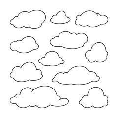 Clouds, contoured linear black and white drawn vector illustration in doodle style, comic book. Decorative blank graphic element for design with text, decoration. Airy dreams, thoughts.
