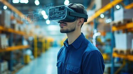 Warehouse Worker Wearing Virtual Reality Headset