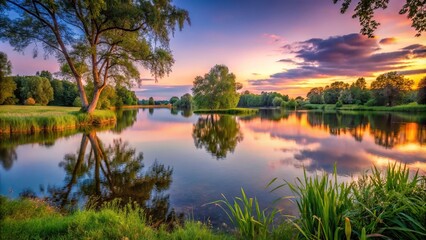 Tranquil summer evening at quiet lake with soft grass and leafy trees reflecting twilight hues