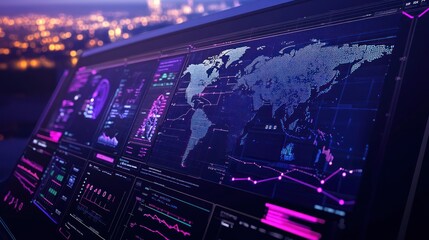 A World Map Displayed on a Futuristic Computer Screen with Various Charts and Graphs