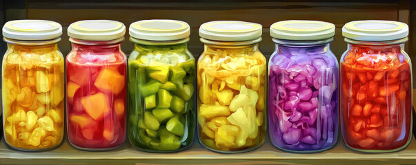 A row of colorful jars filled with various fruits and vegetables. The jars are arranged in a row on a shelf, with each jar containing a different type of food. The colors of the jars create a vibrant