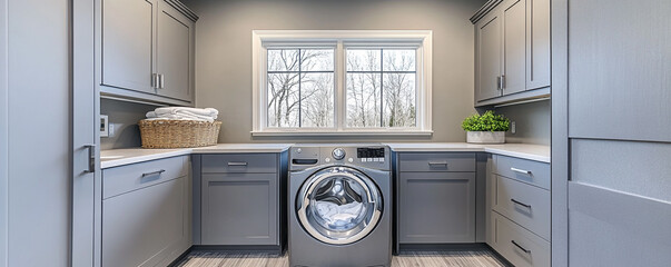Laundry room with modern gray cabinetry, washer, dryer, and folding space.