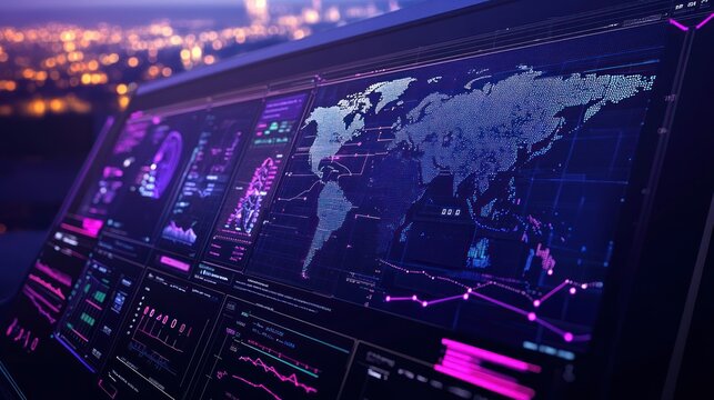 A World Map Displayed on a Futuristic Computer Screen with Various Charts and Graphs