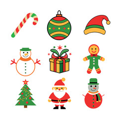 Colorful Christmas Icon Set Featuring Santa, Snowman, Candy Cane, and More on White Background