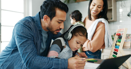 Tablet, online learning and dad with child in home for education, school project or math lesson. Family, digital tech and father help girl with homework for research, teaching and abacus for counting
