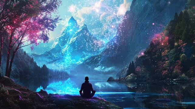 Man is practicing yoga near a lake, meditating in front of a futuristic hologram of a mountain scenary covered by glowing dots