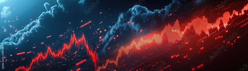 Poster dynamic financial data visualization with abstract red and blue elements depicting market trends and