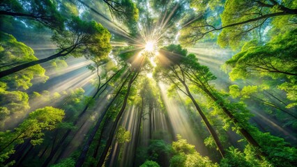 Dense clusters of leaves stretch towards the sky, a vibrant tapestry of emerald hues, as the sun's radiant