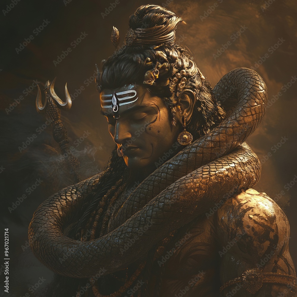 Sticker A digital illustration of Shiva, the Hindu god of destruction and transformation, with a snake wrapped around his neck.