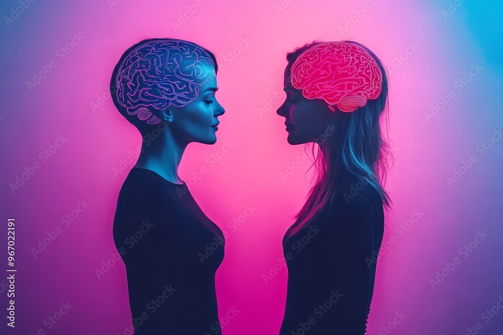 Sticker Creativity warmth and discovery two women facing each other with glowing neural brains symbolizing mental synchronization shared thoughts and connection