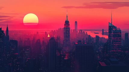 Fototapeta premium 80s-inspired retro art of New York at sundown, dark-colored skyscrapers silhouetted against a deep orange and pink sky, capturing the nostalgic city vibe