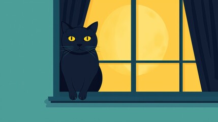 Black Cat Looking Out Window at Full Moon