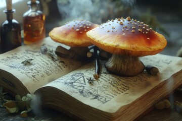 A book with two red mushrooms on top of it