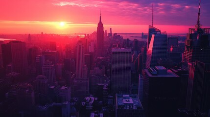 Fototapeta premium A dramatic 80s city sunset between New York buildings, dark shadows creeping along the streets as the last rays of the sun light up the skyline