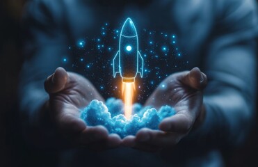 Businessman holding holographic rocket icon, symbolizing startup launch, innovation, and new business ideas