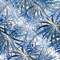 Seamless tropical pattern with blue, gray palm leaves on a white background.