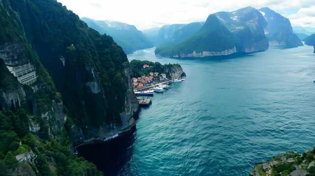 Fly-through FPV over the breathtaking fjords of Norway with towering cliffs and waterfalls nestled along the shoreline. 
