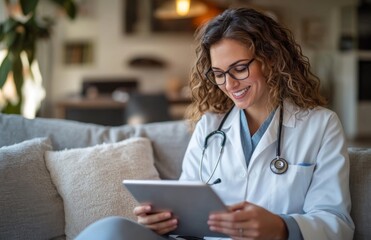 Female doctor smiling on a couch, wearing glasses, white coat, and using a tablet